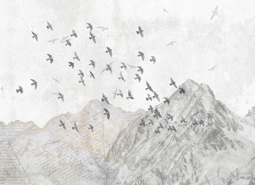Nature wall mural with textured mountains and bird flocks
