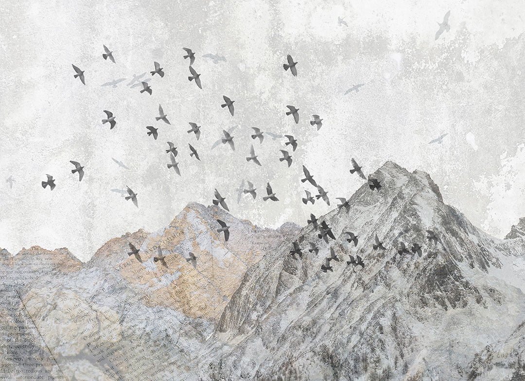 Nature wall mural with textured rocky mountains and bird flocks