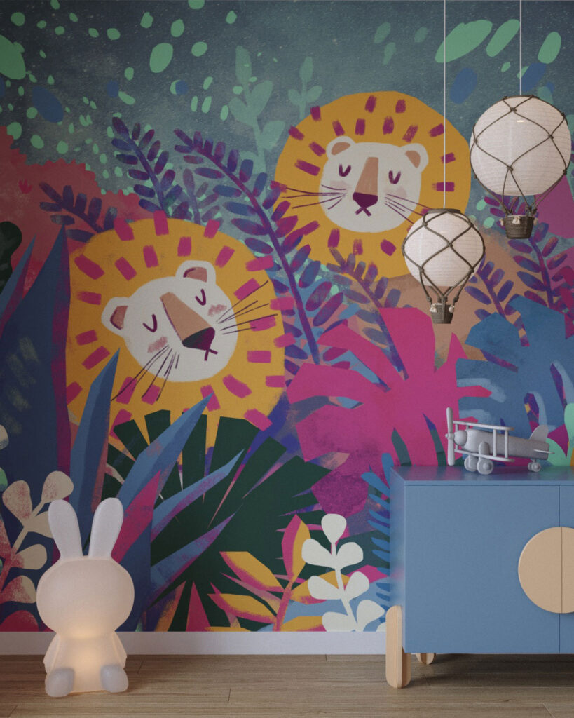 Bright lion cubs in the rainforest wall mural for a children's room