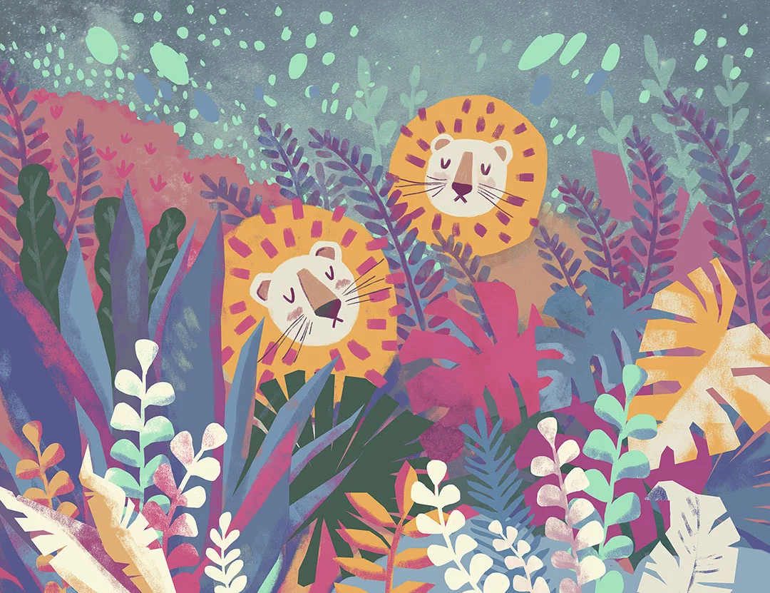 Kids wall mural with colorful lion cubs in the tropical forest
