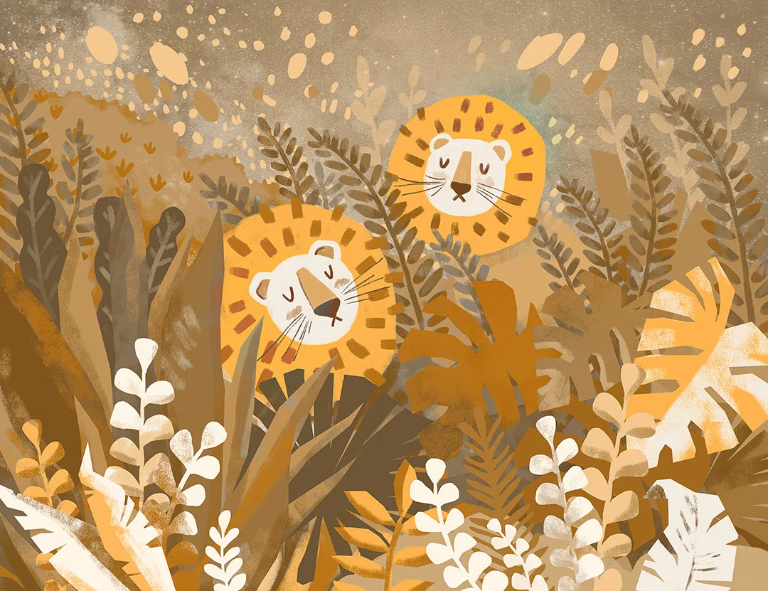 Kids wall mural with lion cubs in the yellow tropical forest