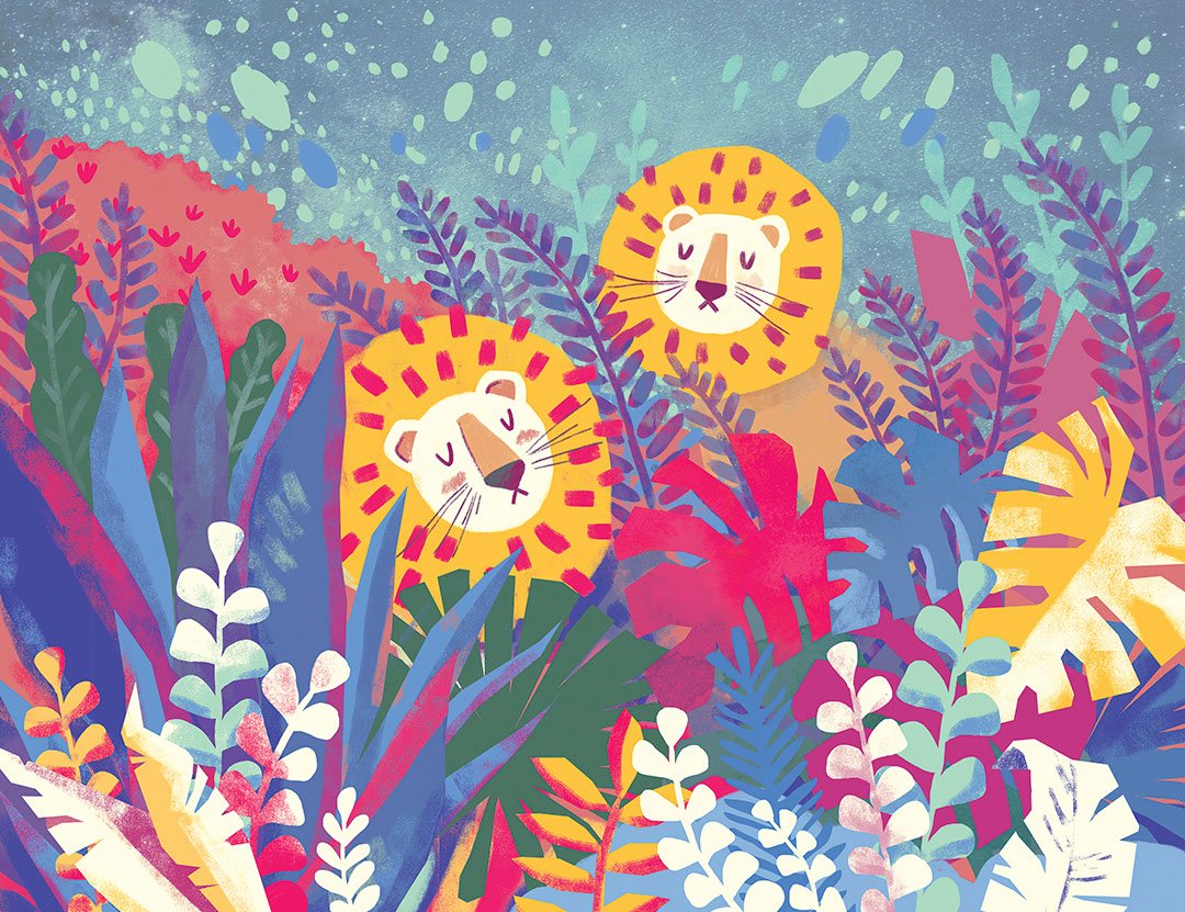 Kids wall mural with bright lion cubs in the tropical forest