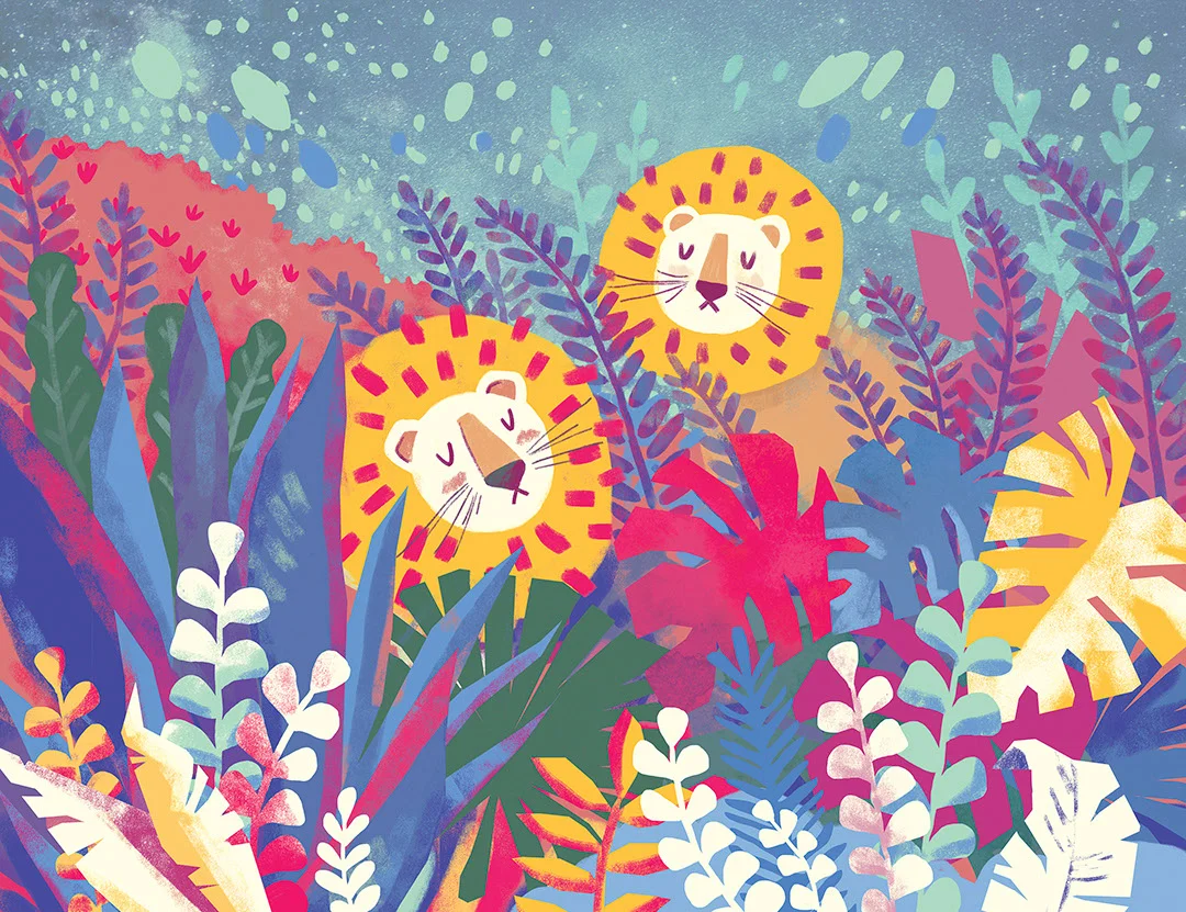 Kids wall mural with bright lion cubs in the tropical forest