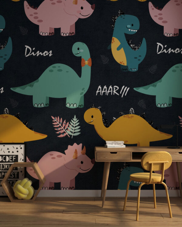 Smiling dinosaurs and plants patterned wallpaper for a children's room