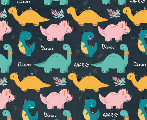 Smiling dinosaurs and plants on the dark background patterned wallpaper