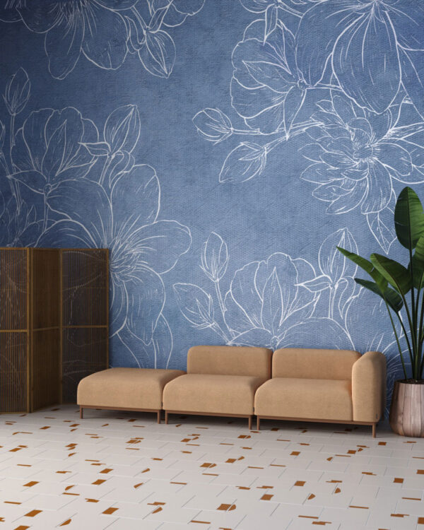 Delicate graphic flowers of magnolia wall mural for the living room