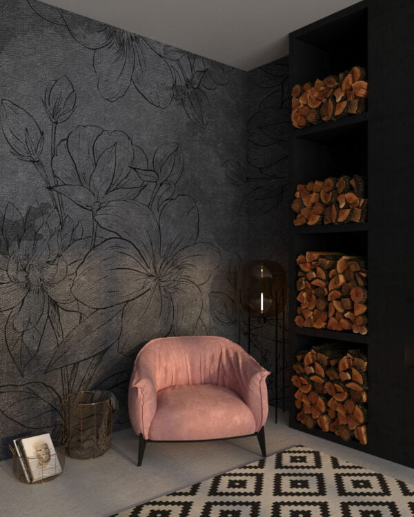 Line-art magnolia flowers wall mural for the living room