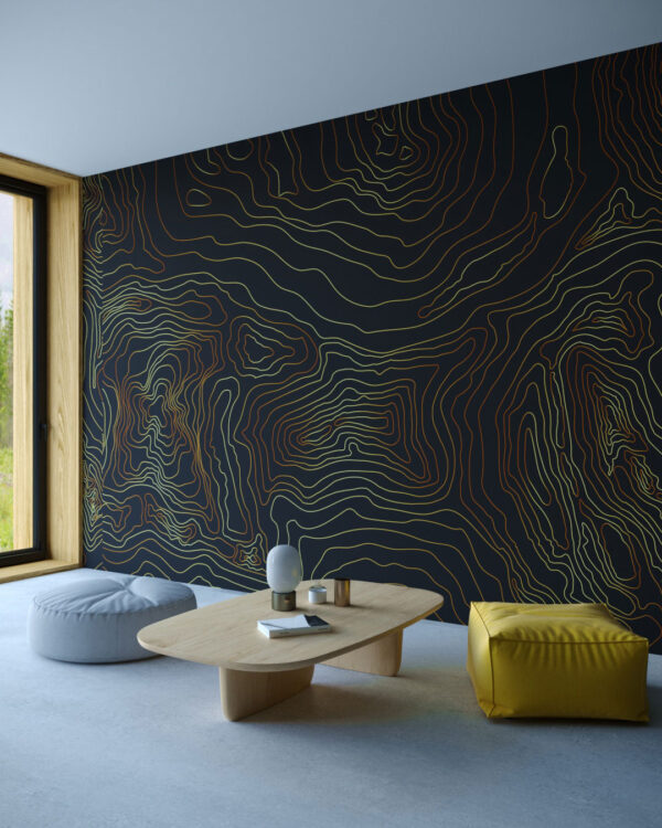 Linear art in the form of tree rings wall mural for the living room