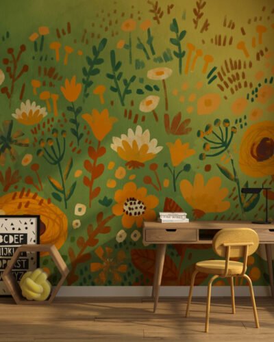 Meadow of flowers in green hues wall mural for a children's room