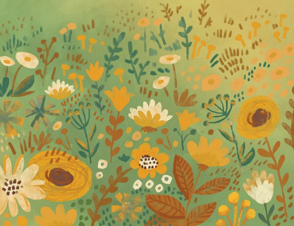 Kids wall mural with meadow of flowers in green hues