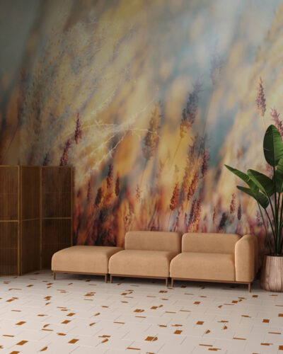 Autumn wheat with crimson sky wall mural for the living room