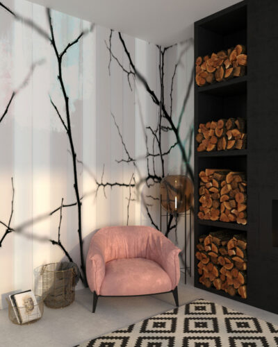 Black tree branches behind white glass wall mural for the living room