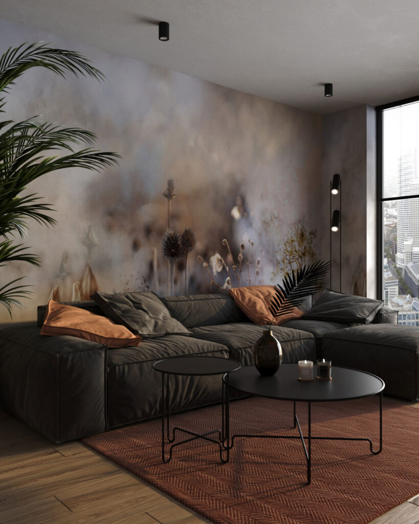 Botanical grass and flowers in the fog wall mural for the living room
