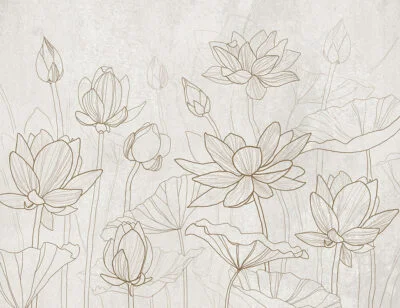 Flower wall mural with tender water lilies on milk background