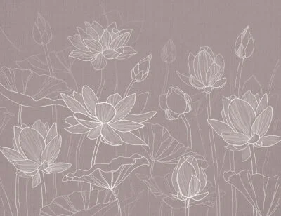 Flower wall mural with minimalistic water lotuses on the dusty pink background