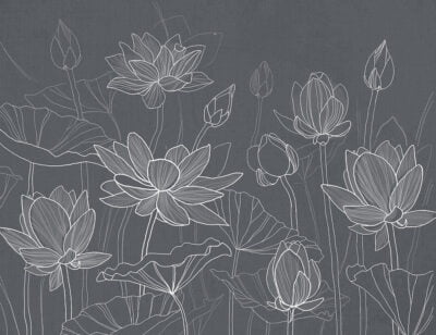 Flower wall mural with minimalistic water lotuses on the gray background