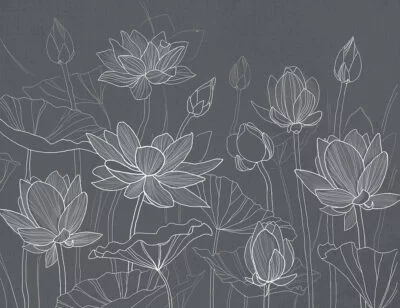 Flower wall mural with minimalistic water lotuses on the gray background