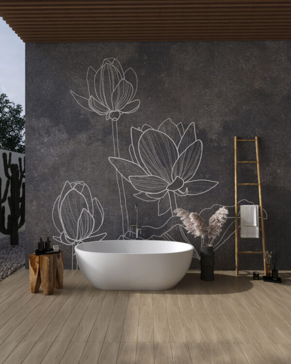 Line-art lotuses on a graphite background wall mural for the bathroom