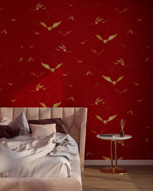 Golden Harry Potter snitches patterned wallpaper for the bedroom