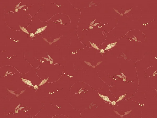 Designer wallpaper with pattern of golden Harry Potter snitches on the red background