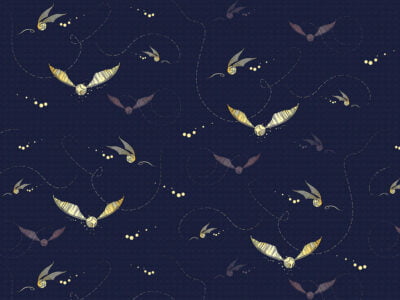 Designer wallpaper with pattern of golden Harry Potter snitches on the navy blue background