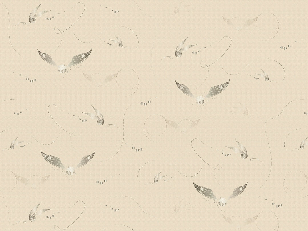Delicate silver Harry Potter snitches on a beige background patterned wallpaper