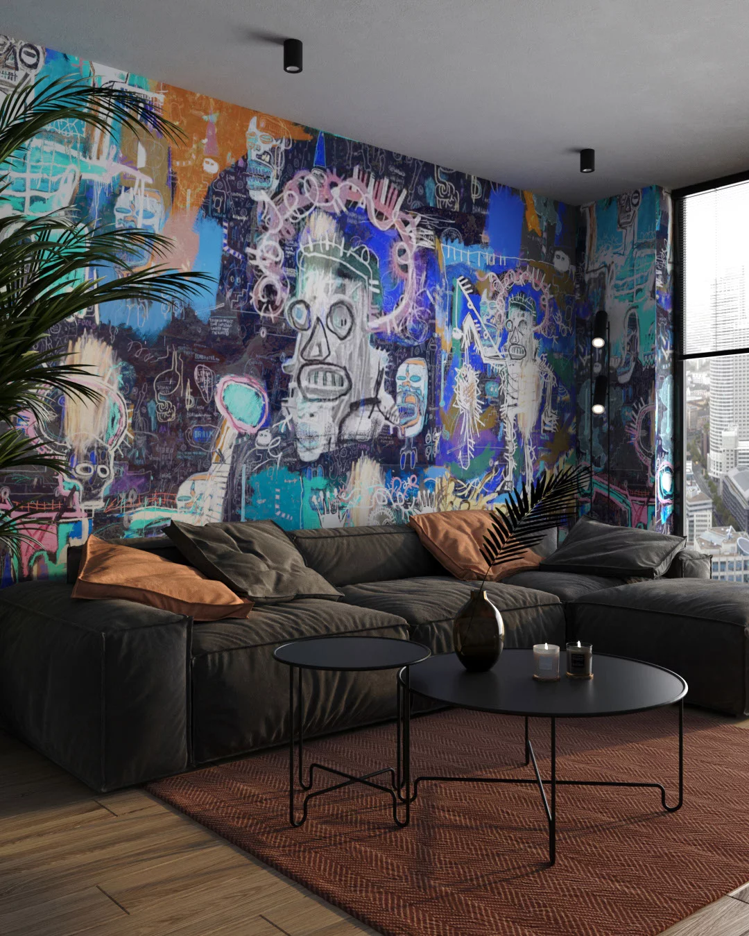Modern wall mural for the living room with blue and black Basquiat inspired graffiti face