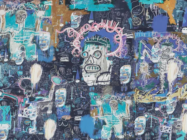 Blue and black Basquiat inspired graffiti face wall mural