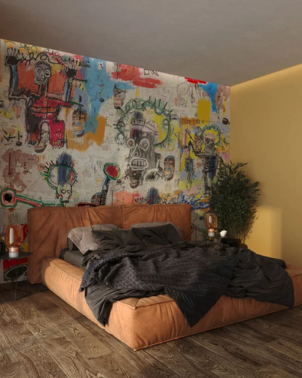 Basquiat style inspired colorful graffiti wall mural for the bedroom