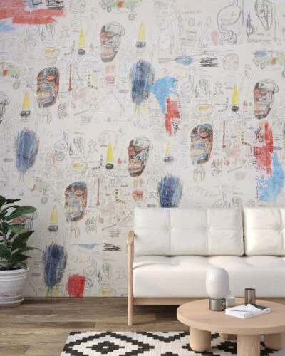 Art wall mural for the living room with beige Basquiat inspired graffiti faces