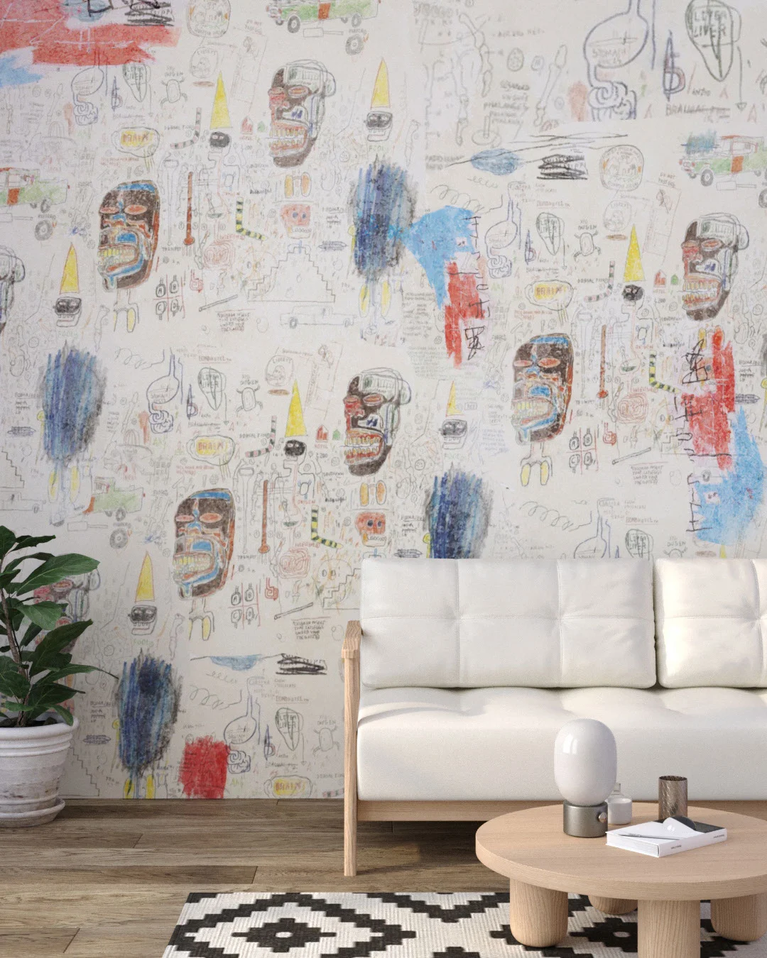 Wall Mural Swirl for the living room - kith2kin.com Art wall mural for the living room with beige Basquiat inspired graffiti faces