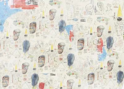 Art wall mural with beige Basquiat inspired graffiti faces