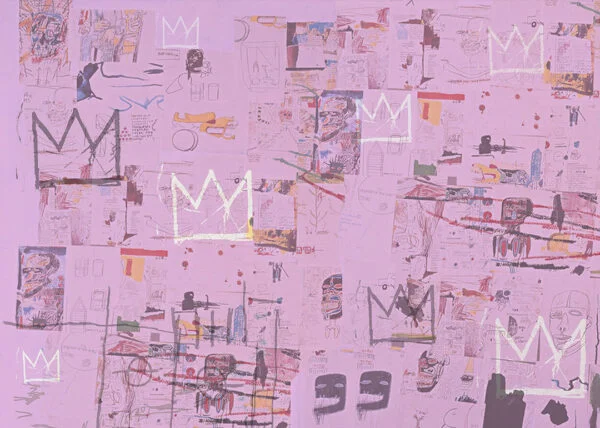 Art wall mural with Basquiat inspired pink graffiti with crowns
