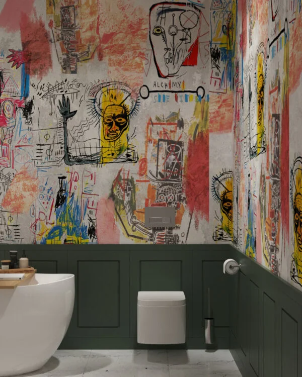 Bright Basquiat inspired graffiti wall mural for the bathroom