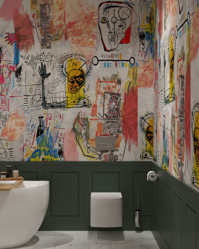 Bright Basquiat inspired graffiti wall mural for the bathroom