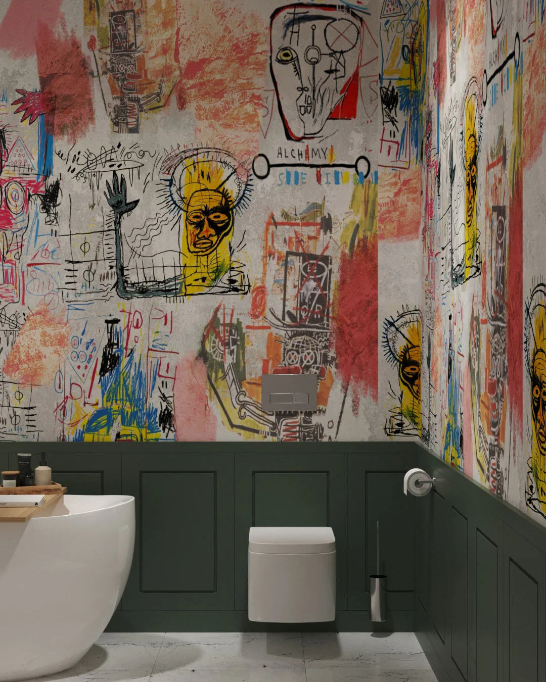 Wall Mural Kunst for the bathroom - kith2kin.com Bright Basquiat inspired graffiti wall mural for the bathroom