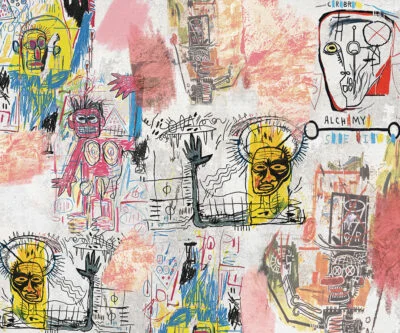 Bright Basquiat inspired graffiti wall mural
