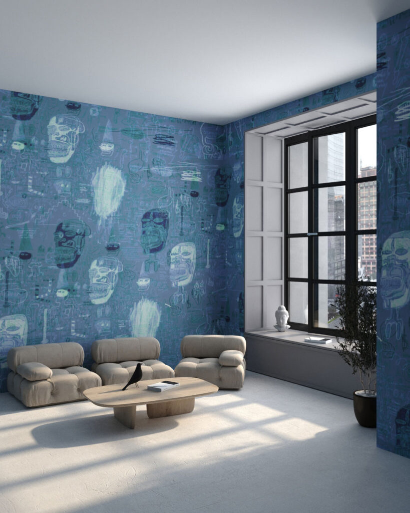 Blue and gray graffiti faces patterned wallpaper for the living room