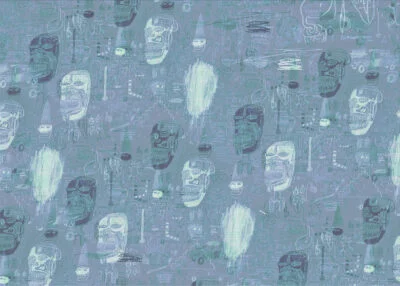 Modern wallpaper with pattern of blue and gray graffiti faces