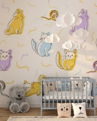 Kittens and balls of yarn patterned wallpaper for a children's room