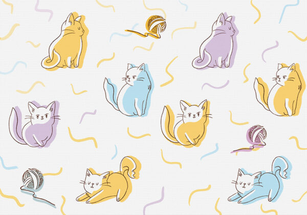 Kittens and balls of yarn on the light background patterned wallpaper