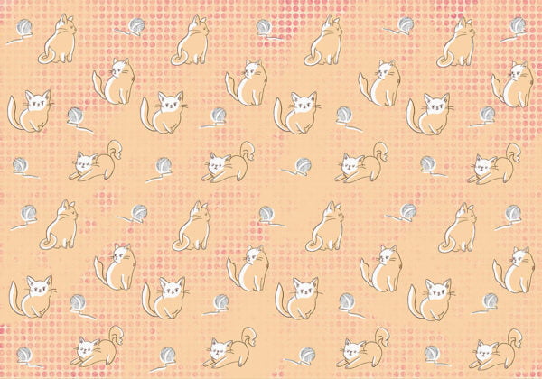 Kids wallpaper with orange pattern of kittens playing with a ball of yarn