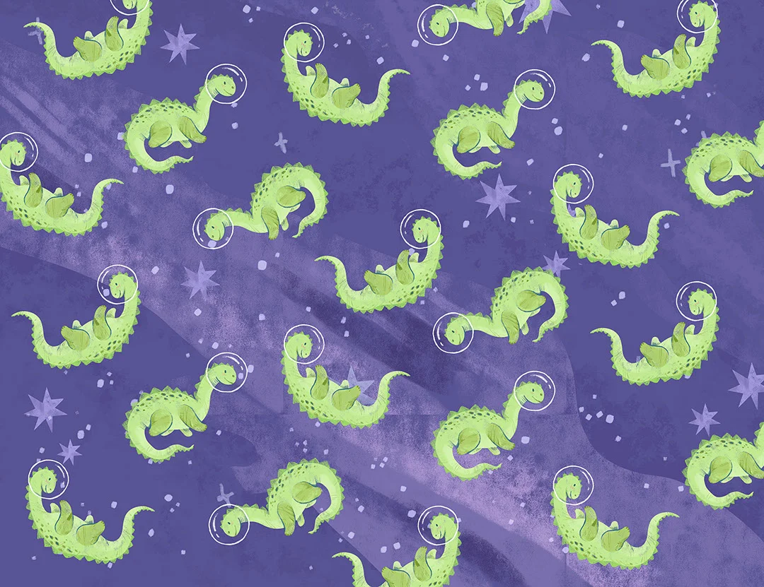 Kids wallpaper with pattern of astronaut dinosaurs in purple space