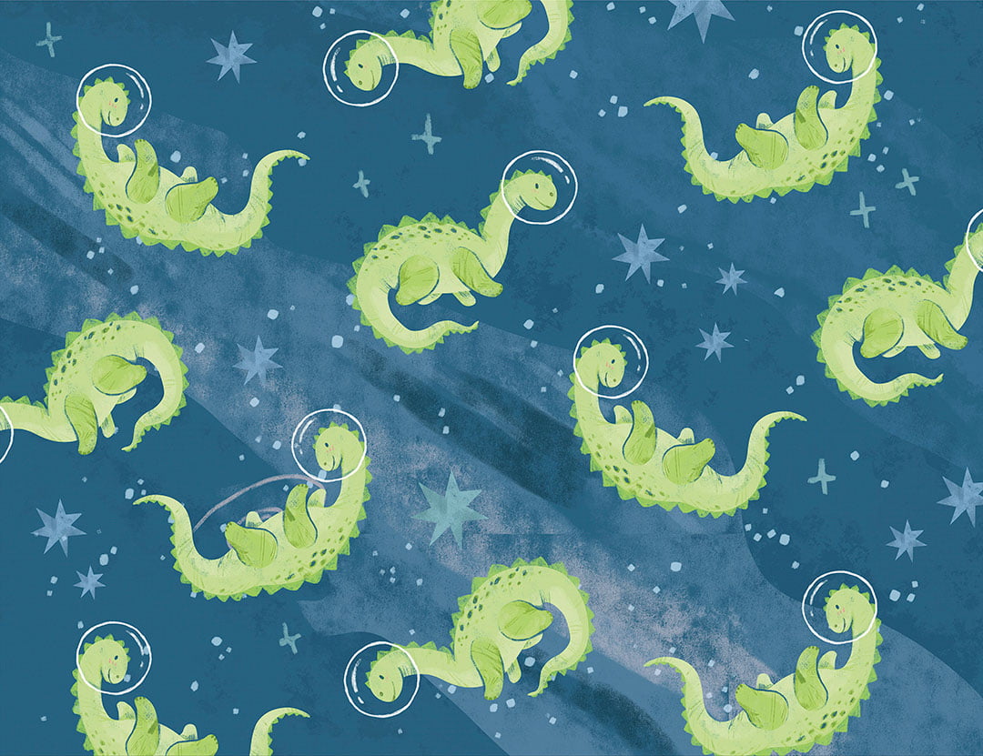 Kids wallpaper with pattern of astronaut dinosaurs in blue space