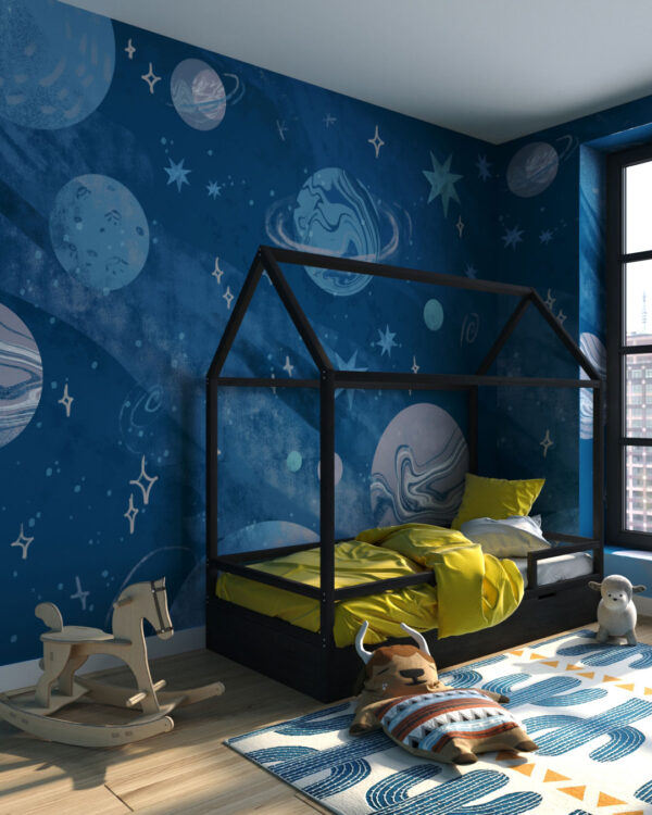 Planets in the space wall mural for a children's room