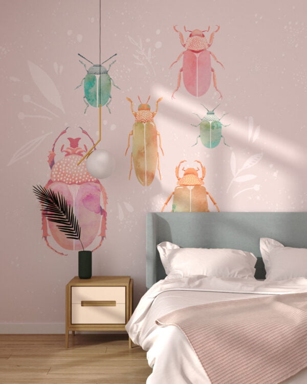 Watercolor beetles and leaves wall mural for the bedroom