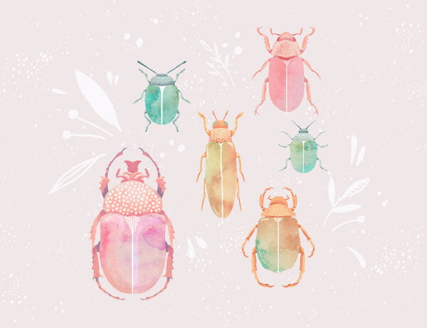 Bright watercolor wall mural with beetles and leaves