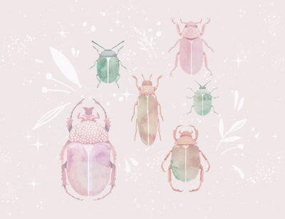 Pastel watercolor wall mural with beetles and leaves