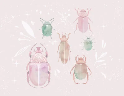 Pastel watercolor wall mural with beetles and leaves