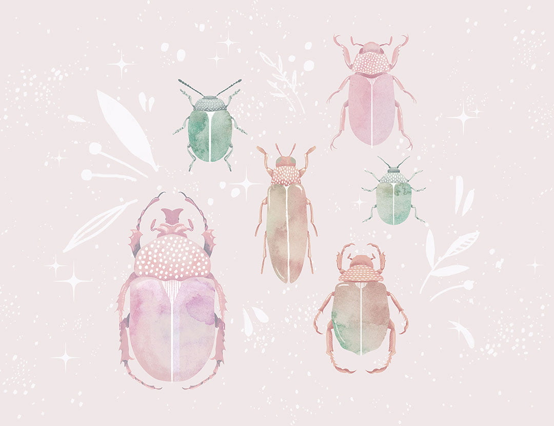 Pastel watercolor wall mural with beetles and leaves